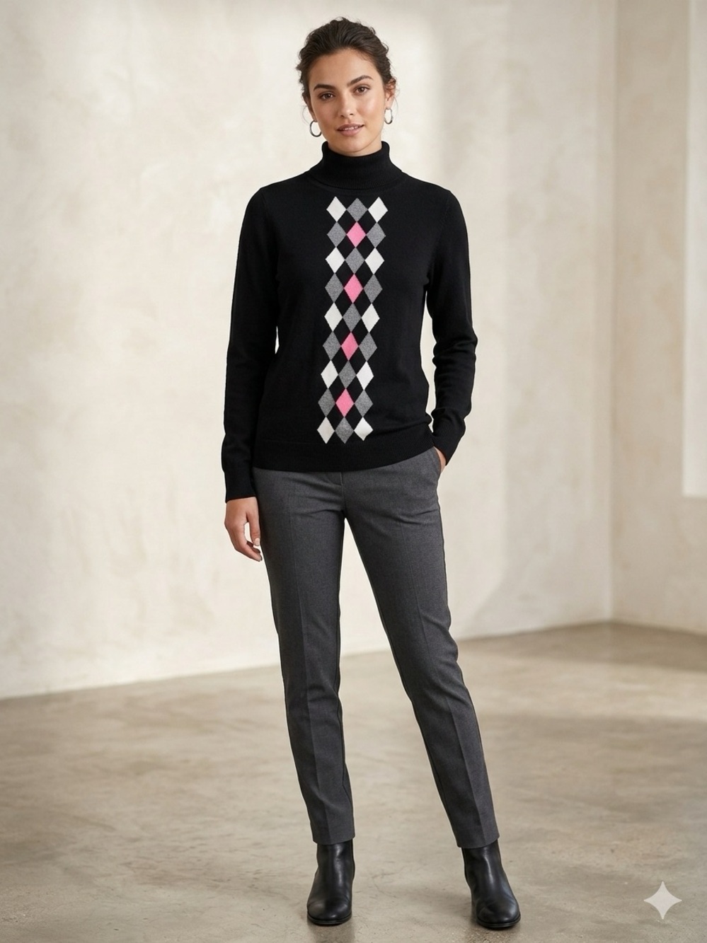Preppy Argyle Knit Mock Neck Sweater Black XL Retro Academia Golfcore‎ Aesthetic